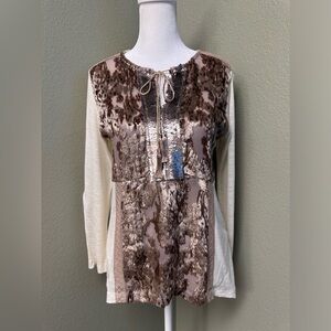 Anthropologie Tiny long sleeve gilded acacia Henley velvet tie vneck top